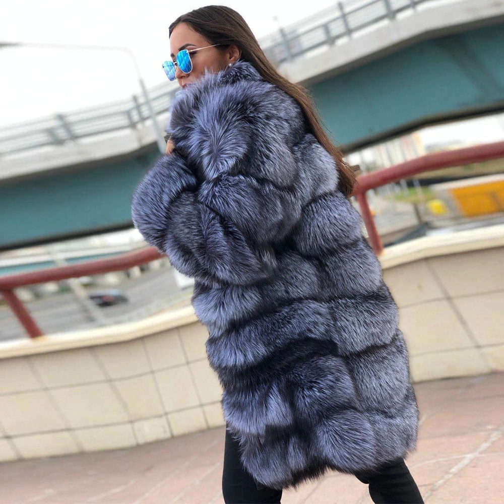 Fashion Long Silver Fox Fur Coats for Women Winter New 2022 Woman Natural Whole Skin Fox Fur Coat Stand Collar Warm Fur Outwear