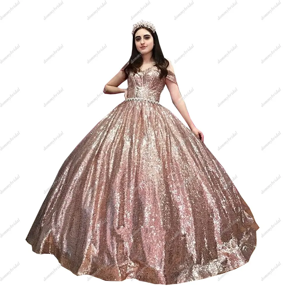 Sparkly Rose Gold V neck Günstige Quinceanera Kleider 2023 Off schulter Ballkleid Strass Gürtel Korsett Vestido De 15 XV anos