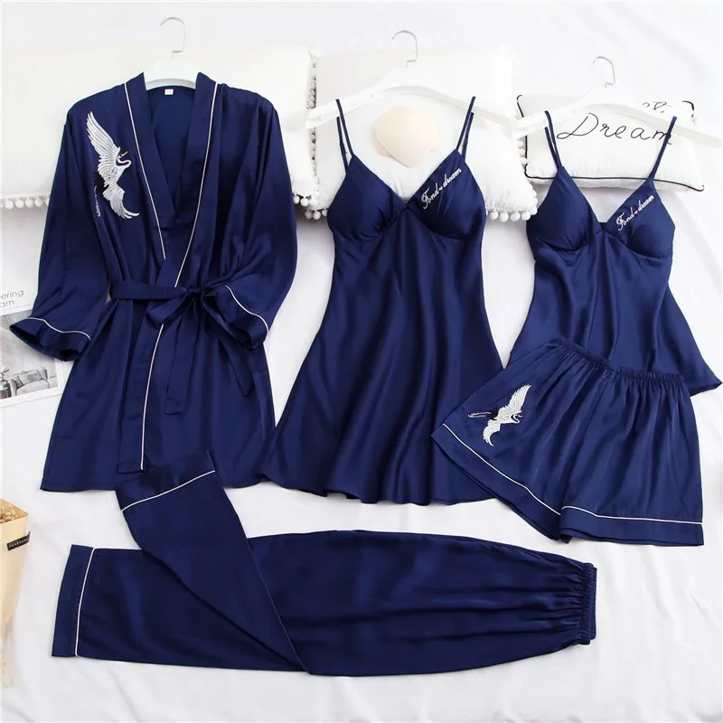 

Sexy 5PCS Robe Set Women Kimono Bathrobe Gown Satin Nightwear Sleepwear Nightgown Homewear Casual Nightdress Silky Home Clothes