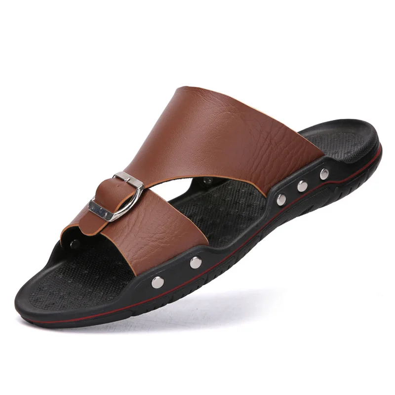 Flat massage slipper Men buckle design sandal brown black summer moccasin travel z766