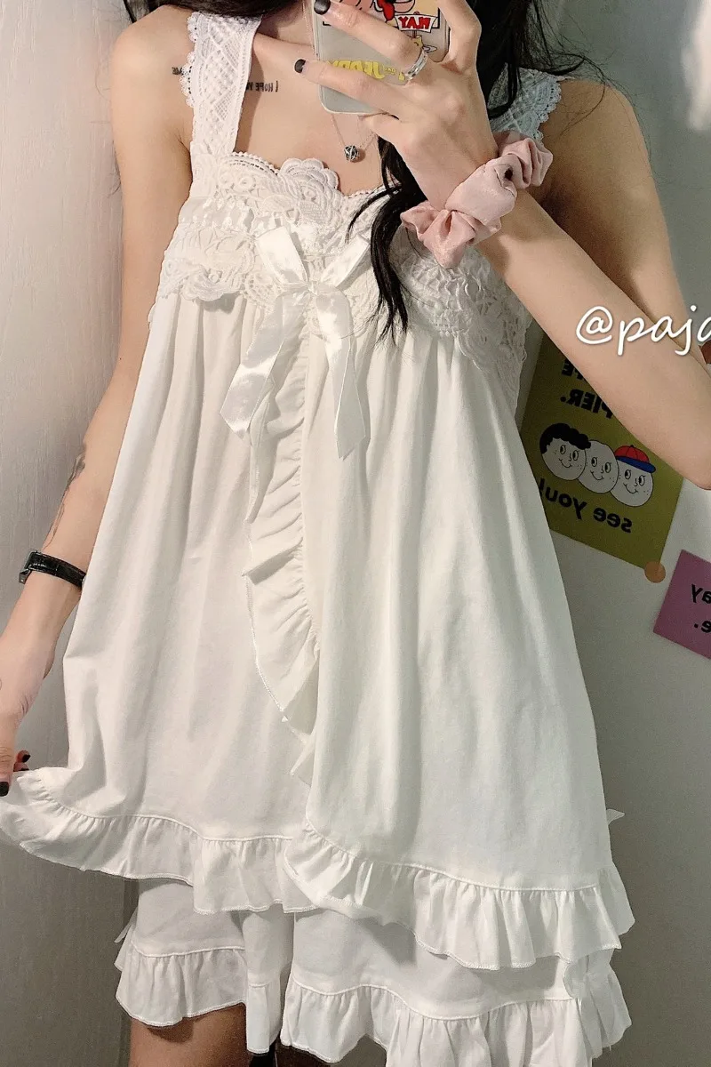 Pyjama d'été à bretelles et nœud pour femme, vêtement de maison, tenue lolita, robe kawaii, Style japonais, adorable, feuille de Lotus, nouveauté 2021