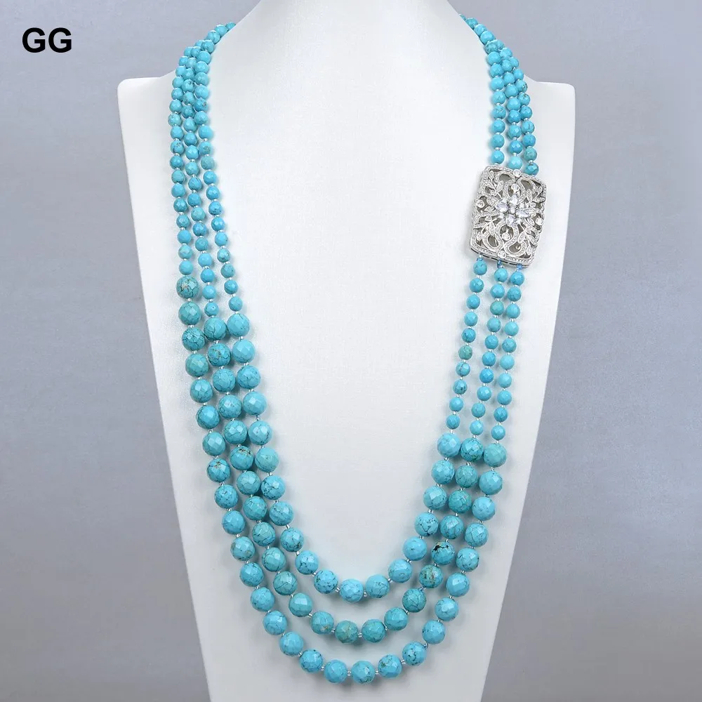 GG 28''-32'' Faceted Round Blue Turquoise Sweater chain Long Necklace Ethnical For Women Lady Jewelry