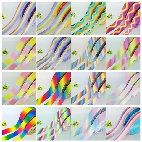 NEW DIY 5 Yards 25mm 38mm 50mm Rainbow Color Gradation Printed Grosgrain Ribbon Hair Bow Party Sewing Glitter Craft