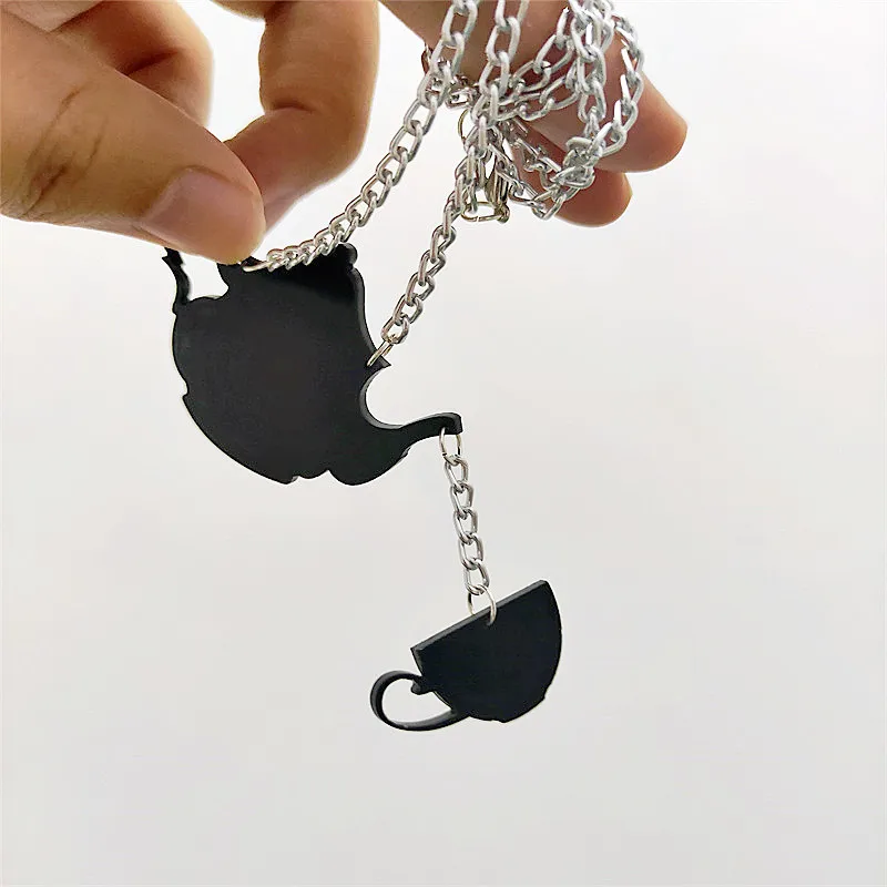 KUGUYS Fashion Acrylic Jewelry Women Black Teapot Pendant Necklace for Mens Silver Color Chain HipHop Rock Necklaces