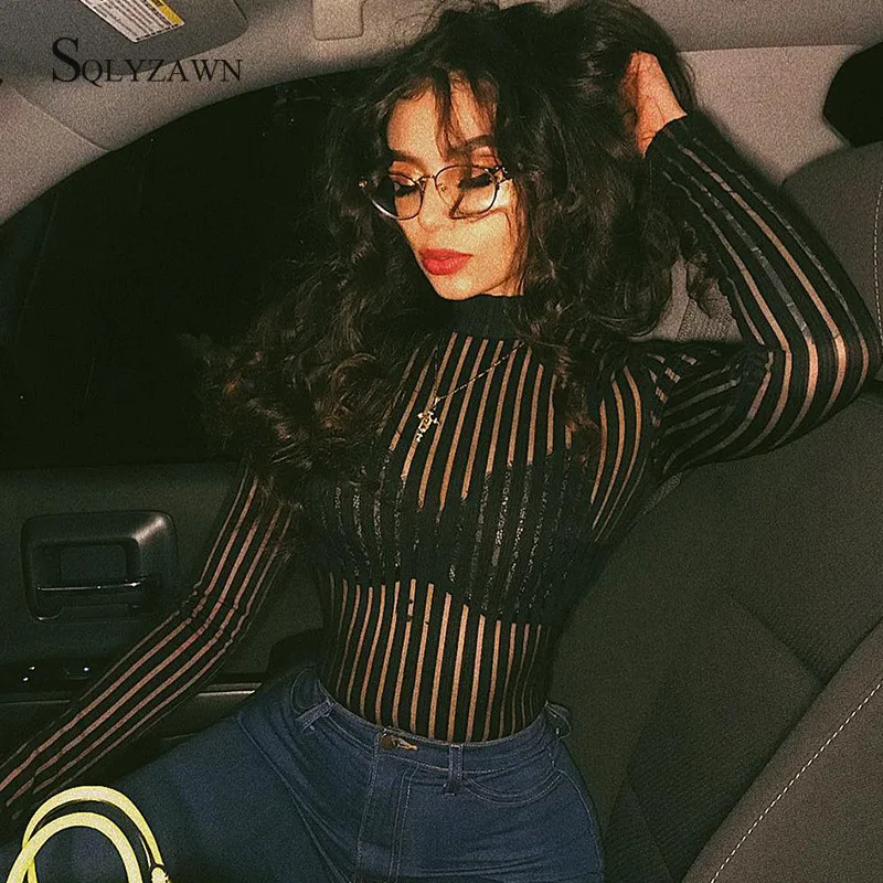 Striped Mesh Bodysuit Women 2020 Summer Sexy Transparent Slim Party Jumpsuit Short See Through Long Sleeve Turtleneck Bodysuits