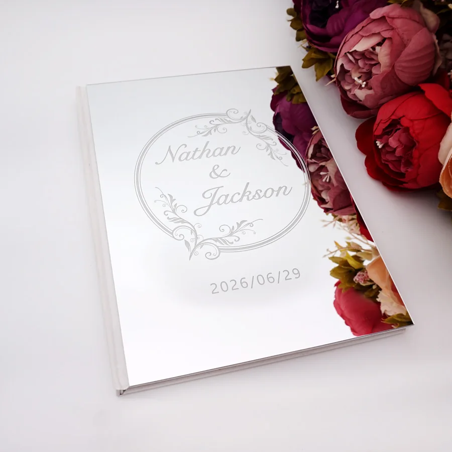 Custom Acrylic Mirror Engraved Rustic Wedding Guest Book with Personalized Baptism, Wedding, Event & Party Decor Favor