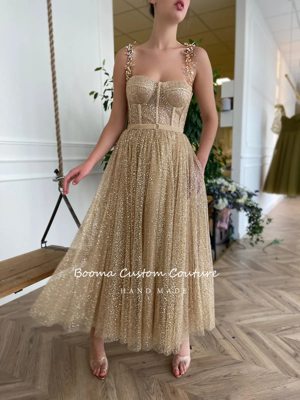 Booma Gold Glitter Tulle Prom Dresses Beaded Straps Tea-Length Prom Gowns Pockets A-Line Short Formal Party Dresses Plus Size