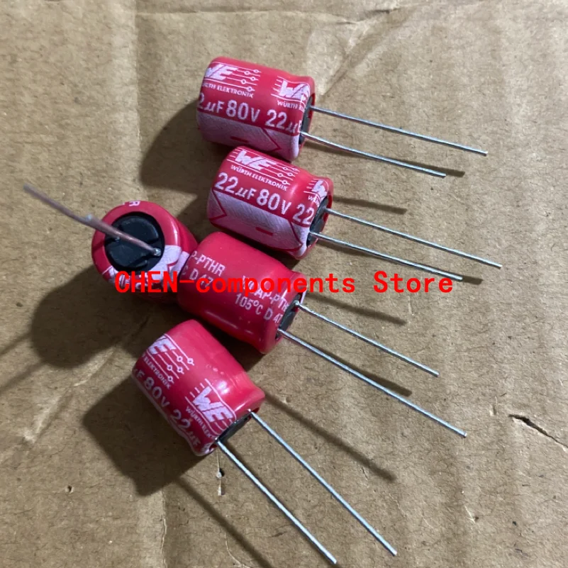 20PCS NEW WE 80V22UF 10X12MM Red robe Solid capacitor 22uF/80v Audio electrolytic capacitor 22UF 80V 105degrees