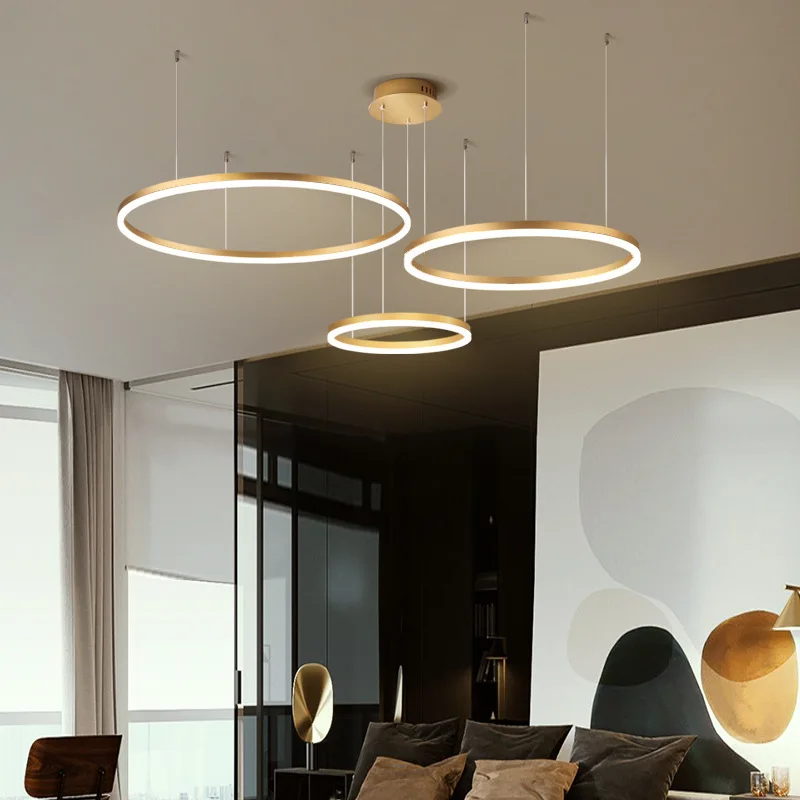 

Modern Rond Ring Gold Pendant Lights For Living Room Dining Room Circle Rings Acrylic Aluminum Body LED Ceiling Lamp Fixtures