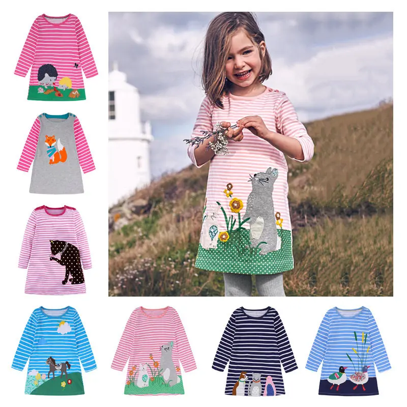 

1-7T Baby Girls Spring Autumn Cotton Dress Animal Rabbit Rat Deer Duck Long Sleeve Dresses Children Clothing Kid Striped Dress