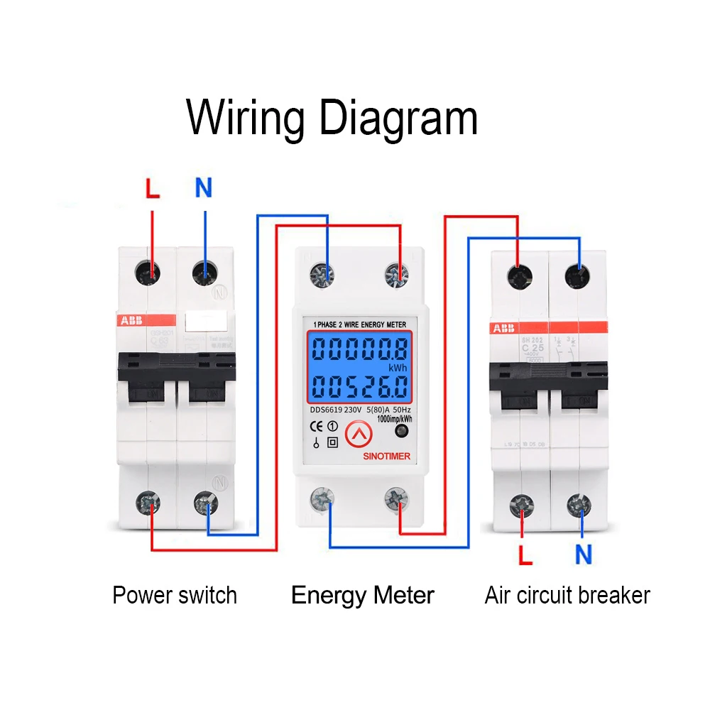 Digital Wattmeter AC 230V 5(80)A Power Energy Meter Din Rail KWH Voltage Current Meter Backlight with Reset Function