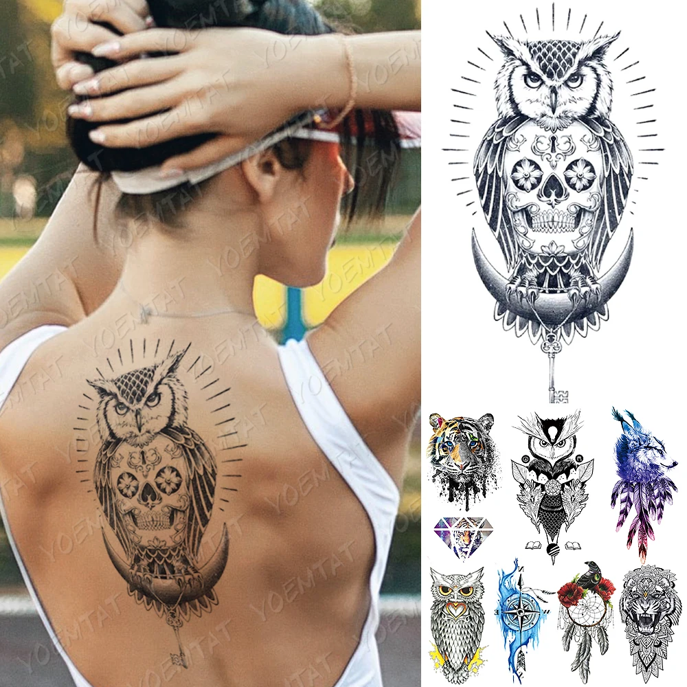 

Waterproof Temporary Tattoo Sticker Compass Owl Skull Flash Tattoos Tiger Diamond Wolf Body Art Arm Fake Sleeve Tatoo Women Men