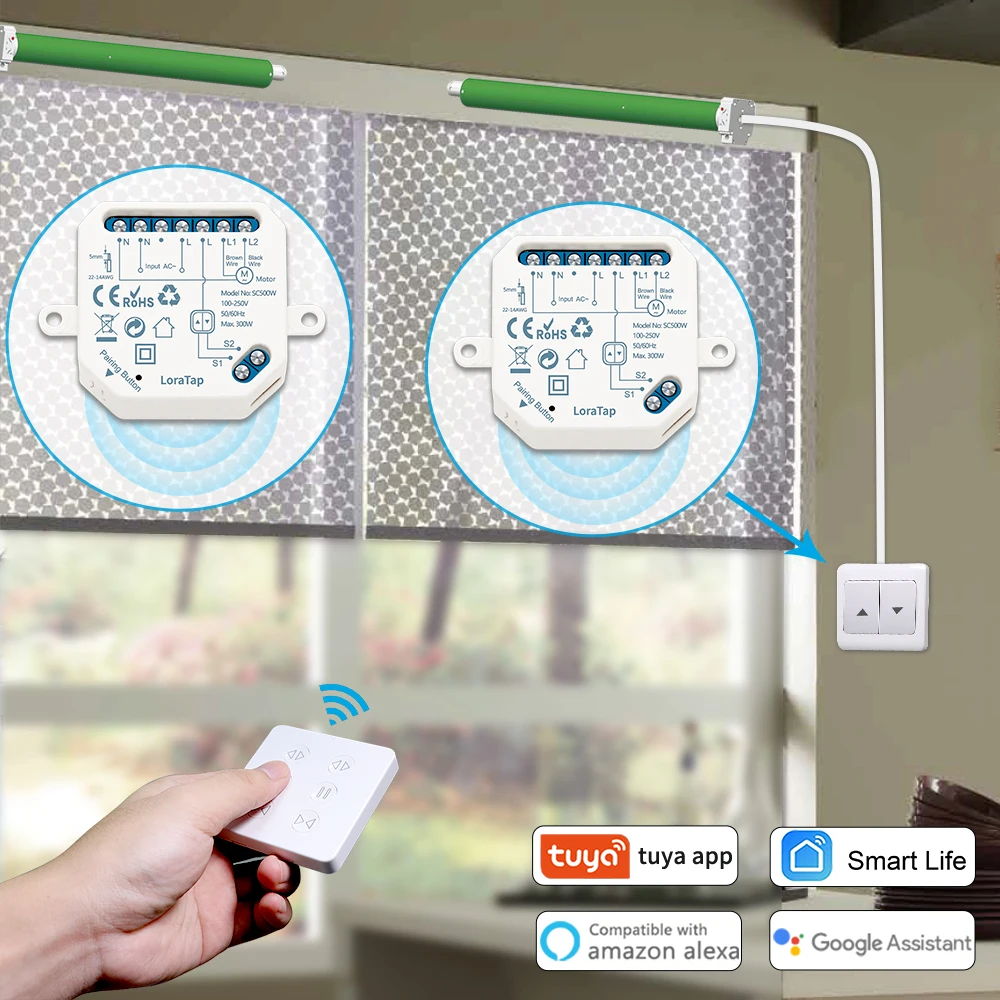 LoraTap Tuya Vorhang Jalousien Rollladen Motorschalter Relaismodul mit 2-Kanal-Fernbedienung Google Smart Home Alexa App DIY