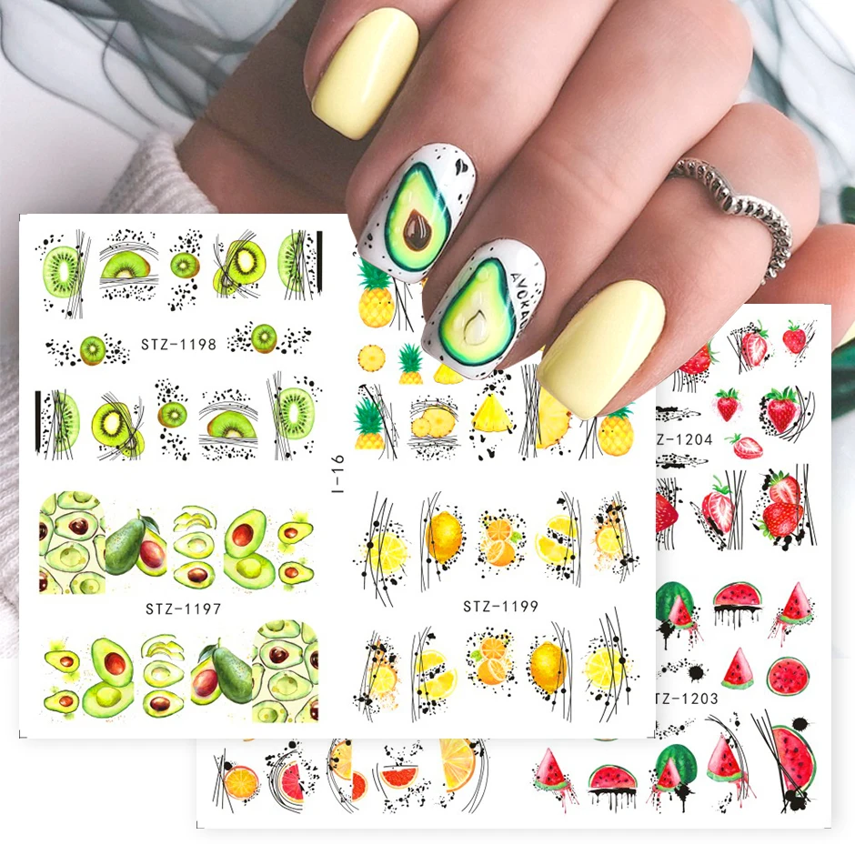 4pcs Avocado Nail Art Stickers Geometric Fruit Decals Summer Kiwi Strawberry Lemons Tattoo Nails Accessories Watermark LEI15-I17