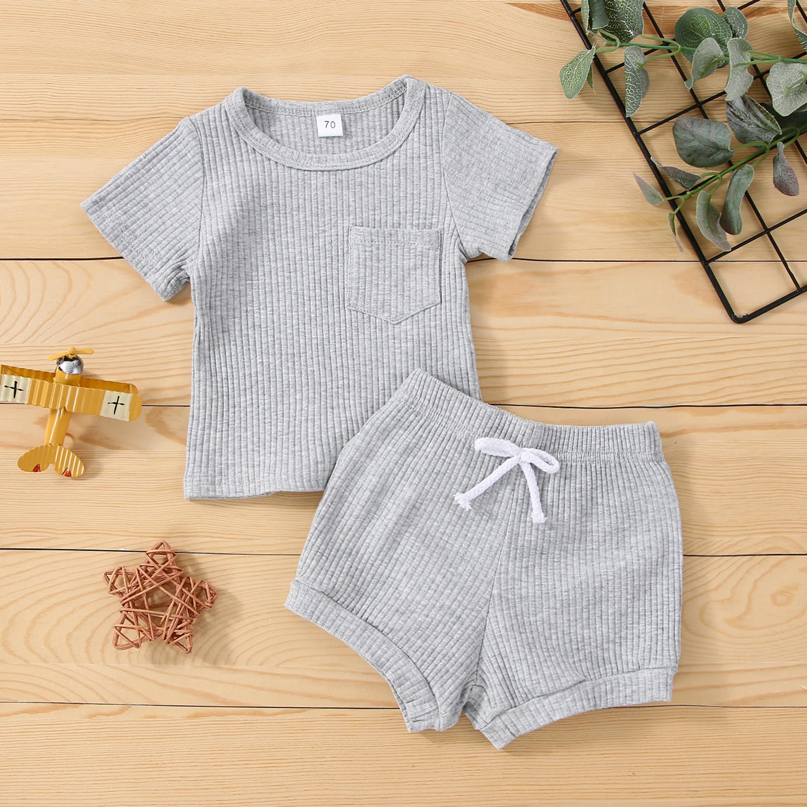 0-24 M Newborn Baby Clothes Summer Outfits Ribbed Knit Short Sleeve T-shirt + Drawstring Short Pant Solid Color Clothes Set