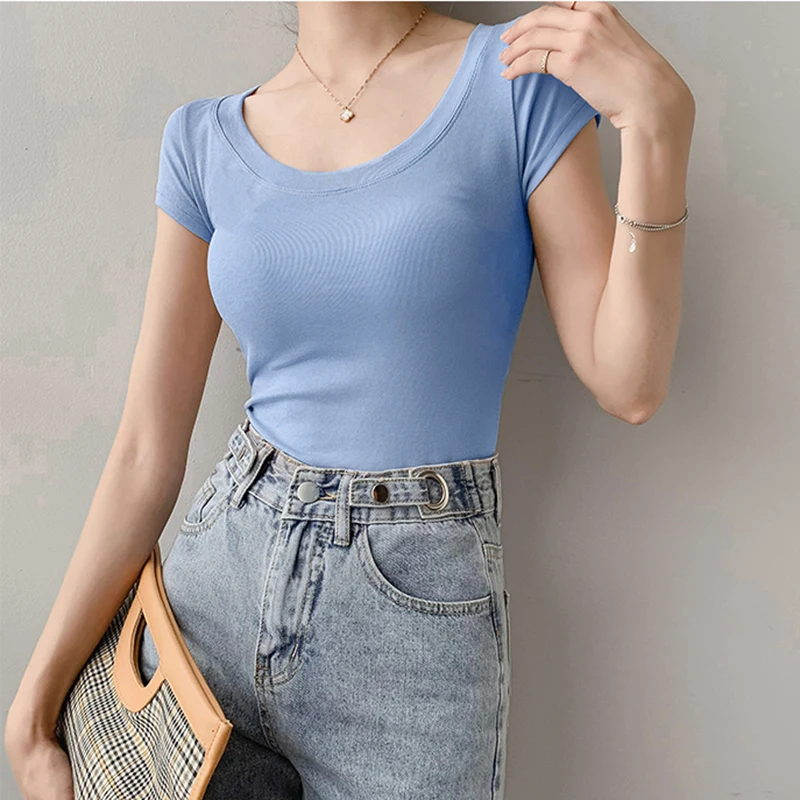 AOSSVIAO 100% Cotton T Shirt Women Summer New Slim Solid Basic Tees 16 Color Casual Tshirt Korean O Neck Khaki Tops