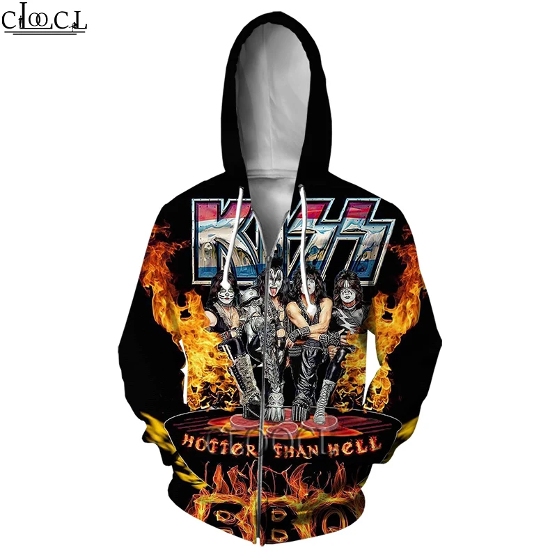 HX Newest Rock Kiss Band Popular Zipper Hoodies Streetwear 3D Print Men Women Hip Hop Unisex Harajuku Zip Hoody Pullover Tops