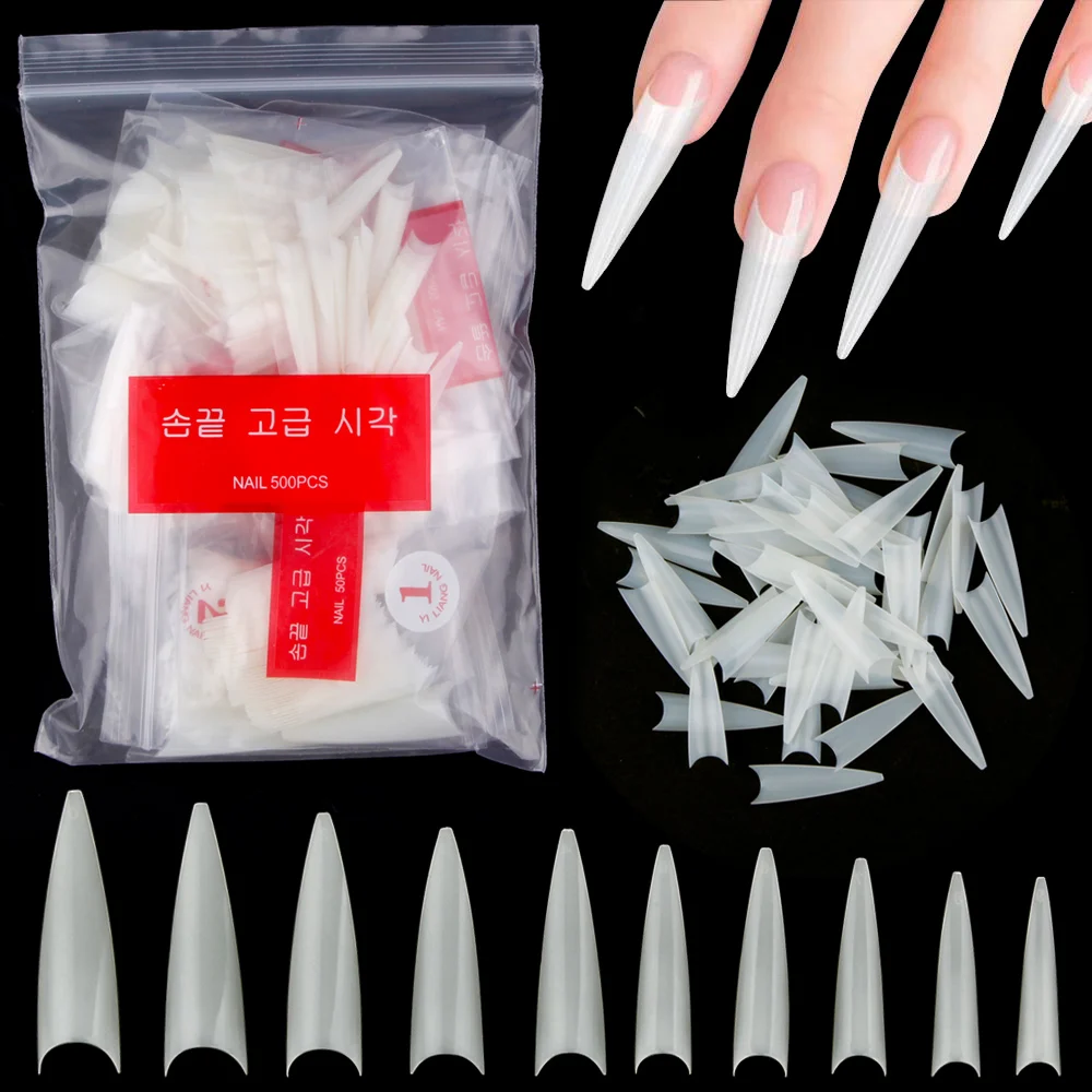 

500pcs/Bag Acrylic Nail Tips Stiletto Coffin Practice Nail Capsules Artificial False Soft Gel Full Cover Nail Tips Manicure Tool