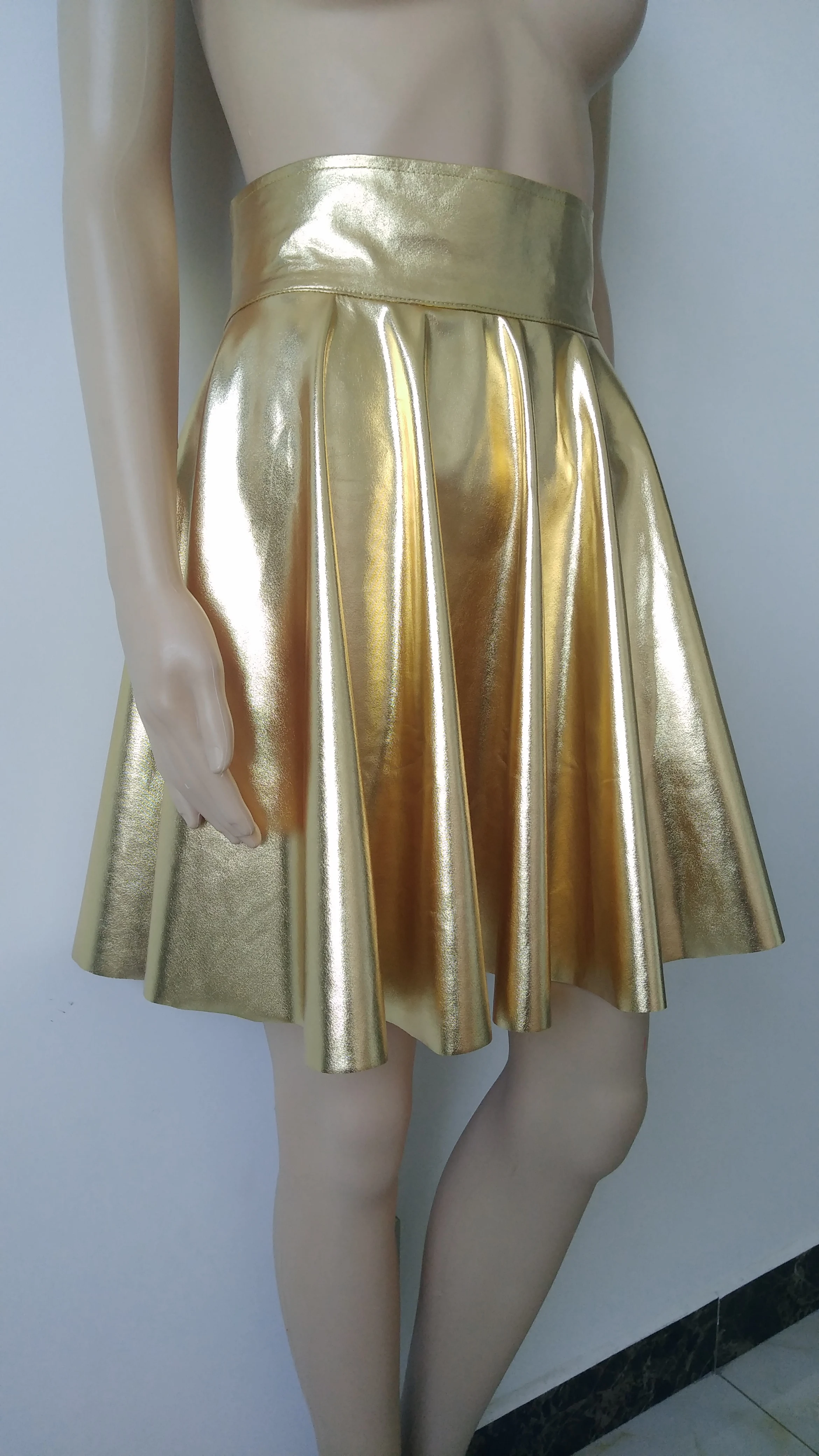 Womens Shiny Metallic gold Color Imitated Skirt Mini Skater Above Knee Skirts Evening Party Skirt