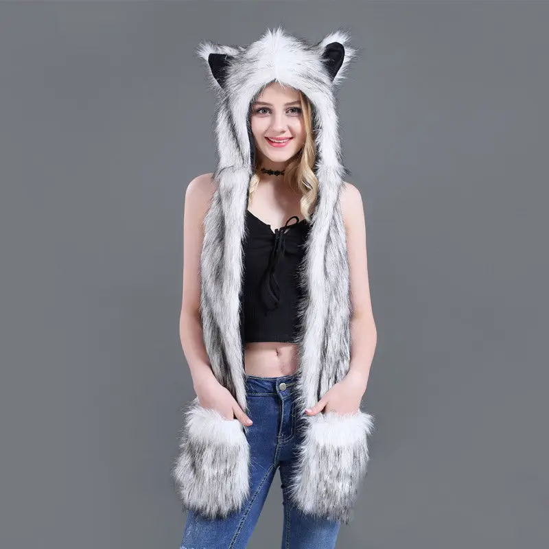 Fuzzy Fluffy Women Winter Animal Wolf Cat Ear Hat Beanies with Mittens Gloves Plush Beanie