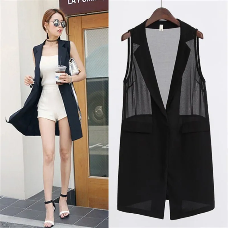 2021 Summer Vest Jacket Women Plus Size 5XL Black Chiffon Sleeveless Blazers Outerwear Female Perspective Casual Waistcoat