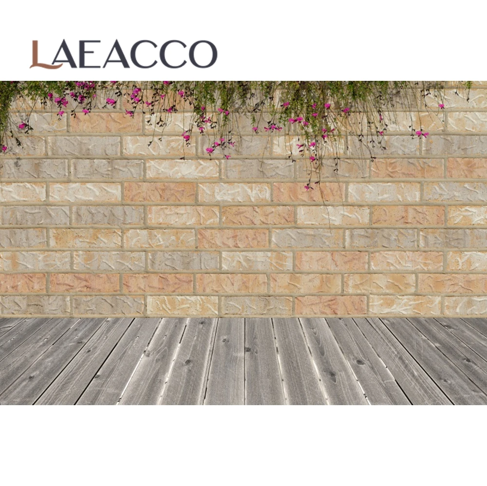 Laeacco Photo Backgrounds Spring Colorful Flower Floret Vines Brick Wall Wooden Floor Baby Photography Backdrops Photo Studio