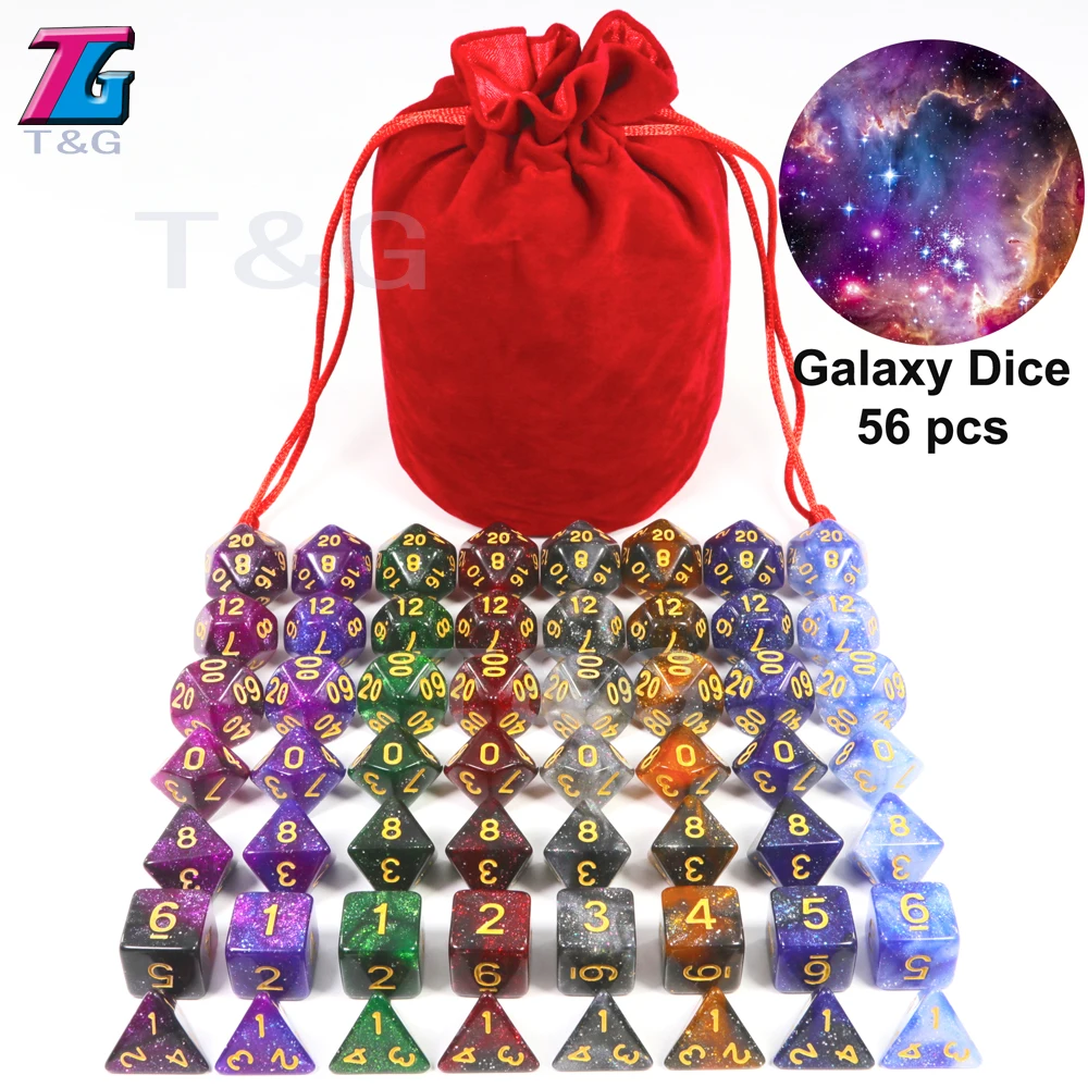 Jeu de dés Super univers de dés Galaxy D4-D20, accessoires de jeux de société, le plus récent, 56 pièces avec sac