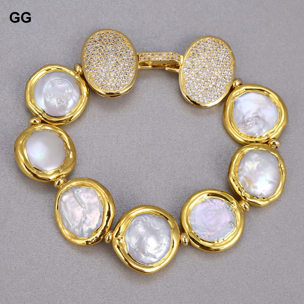 GuaiGuai Jewelry Natural Freshwater Cultured White Coin Keshi Pearl Bracelet Cubic Zirconia Pave Clasp 8