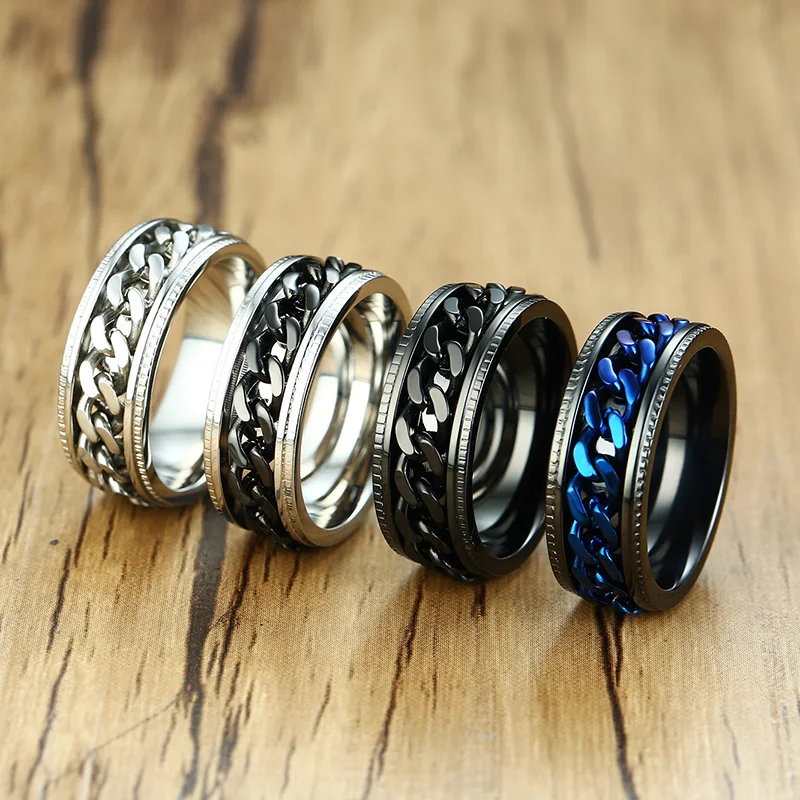 8mm Men's FIDGET Black Rings with Blue Center Curb Chain Spinner Ring Stainless Steel Reliever Worry Wedding Band Male Jewelry