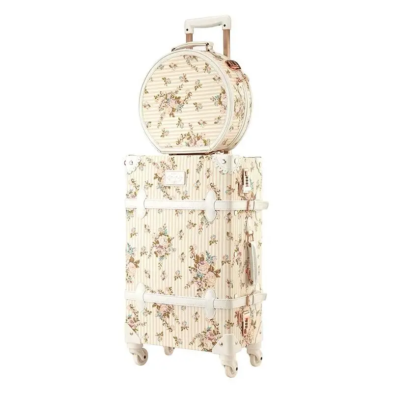 Meisje 2 Stks/set Vintage Bloemen Pu Reistas Bagage Sets, 13 "20" 22 "24" 26 "Inch Vrouwen Retro Trolley Koffer Carry Op Wiel