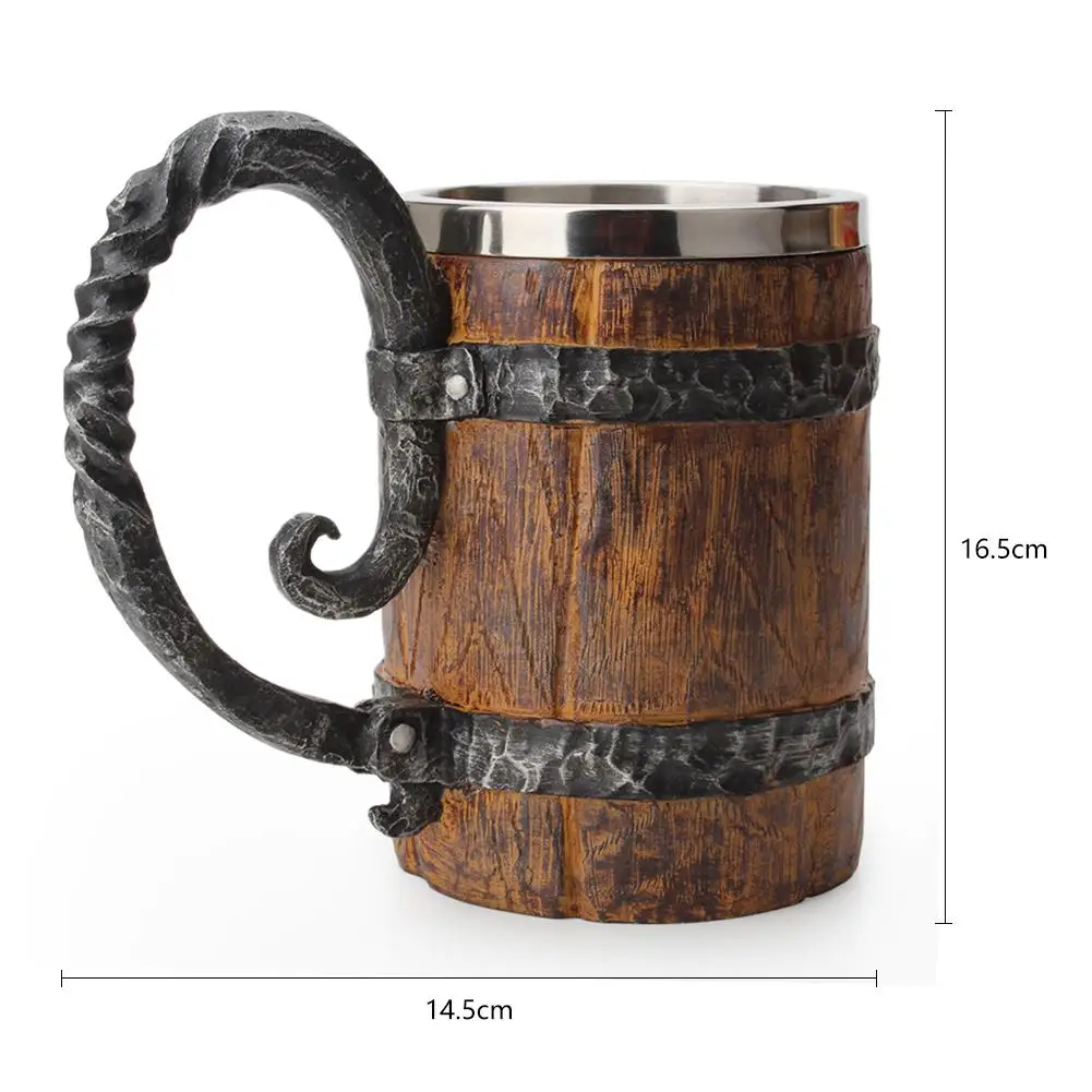 Original Viking Drinking Mug Simulation Wooden Barrel Beer Cup Double Stainless Steel Mug Gift Home Cup Wood Color