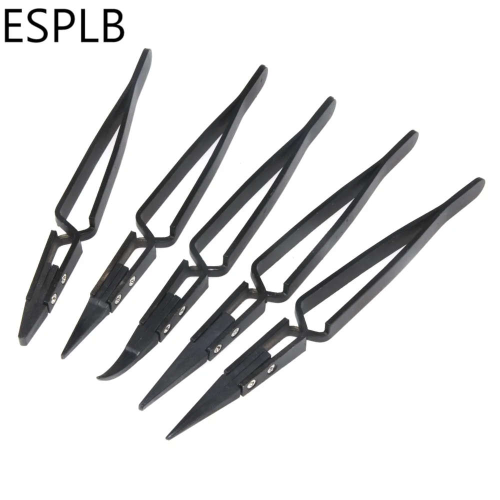 5 teile/satz Schwarz/Silber Reverse Pinzette Edelstahl Griff Kunststoff Spitze Präzision Pinzette Gebogene/Flach/Gerade Spitze pinzette – Detail 3