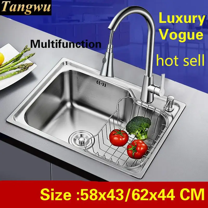 

Free shipping Home high quality kitchen single trough sink luxurious wash vegetables 304 stainless steel hot sell 58x43/62x44 CM