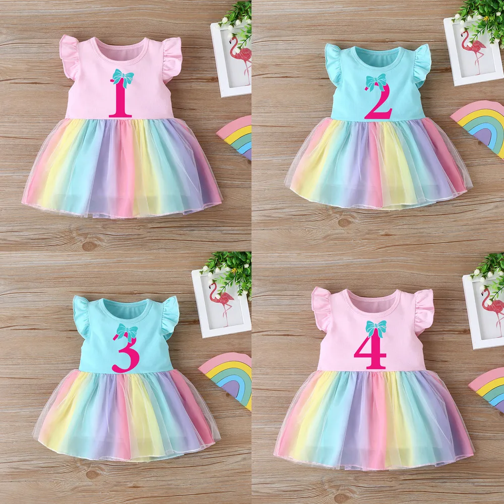 

Knote Number Girl Birthday Tutu Dress Kids Rainbow Dress Princess Girls Birthday Party Dress Children Summer Dresses Kids Cloth