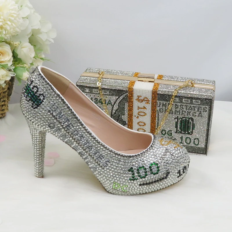 Fashion Dollars Money shoe and bag woman fashion shoes High Heel Pumps Round Toe Party dress shoes big size