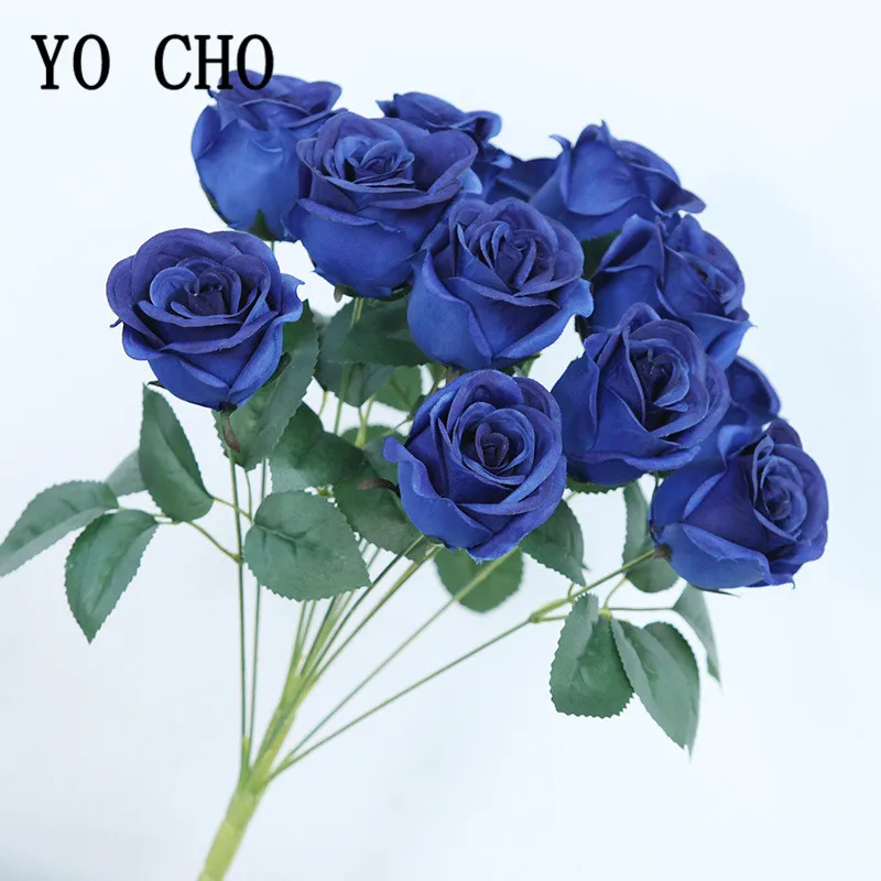 YO CHO Artificial Flower Bouquet 12 Heads Silk Rose Burgundy Blue Flower Fake Rose Bunch Wedding Party Home Table Decoration