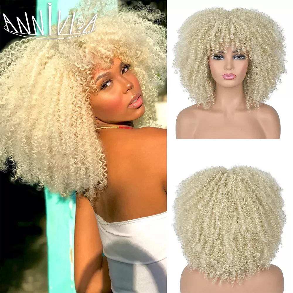 Short Hair Afro Kinky Curly Wig With Bangs For Black Women Cosplay Lolita Synthetic Ombre Natural Blond Red Pink Wig