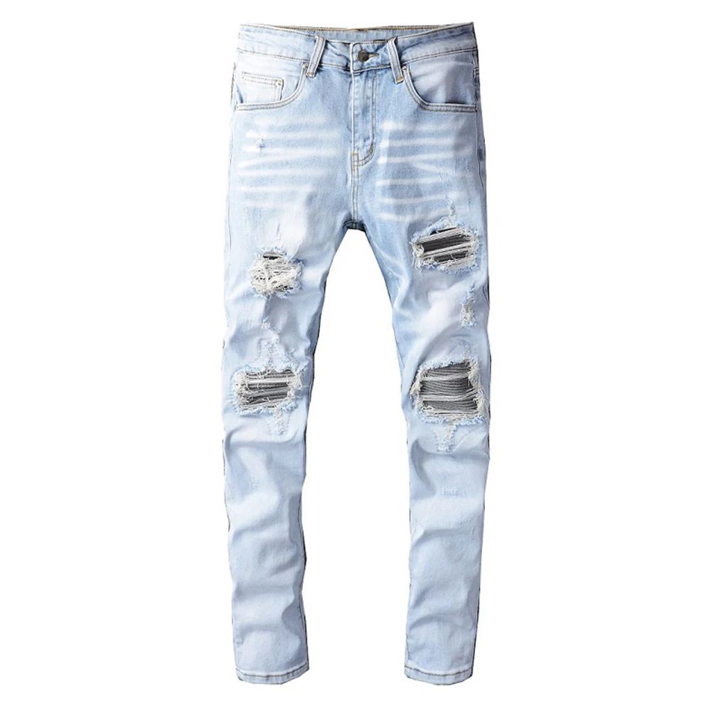 

Men's Light Blue Pleated Patchwork Stretch Denim Jeans Streetwear Holes Ripped Pencil Pants Trendy Slim Skinny Trousers