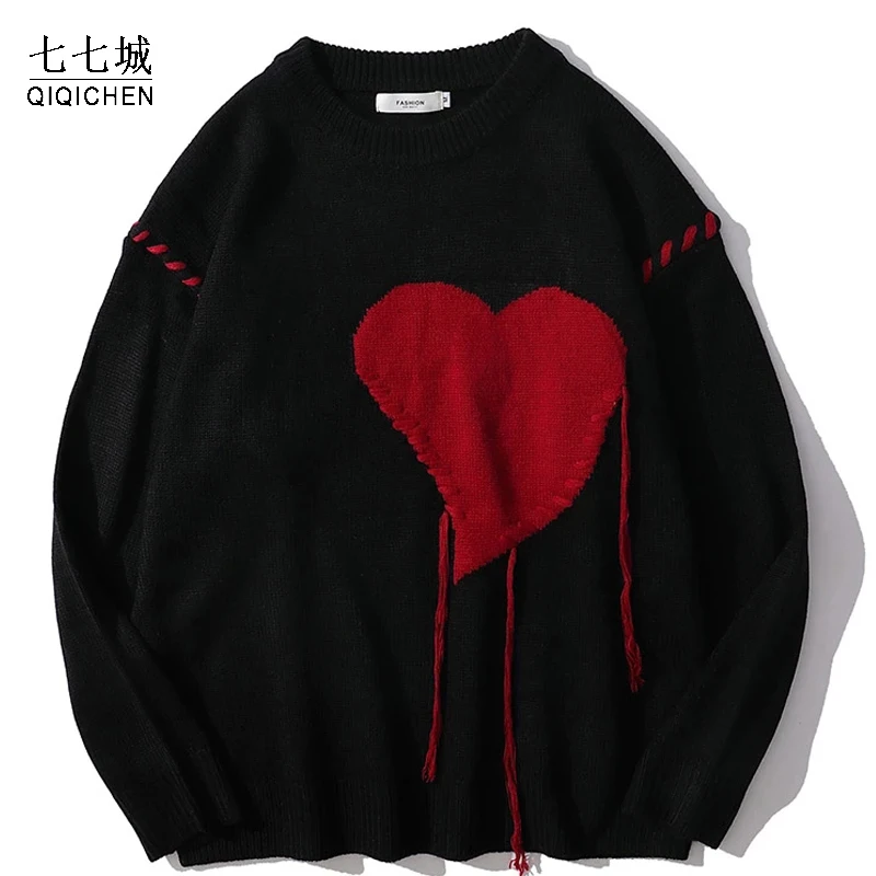 

Harajuku Knitted Sweater Men Love Tassel Pattern Letter Punk Rock Black Grandpa Ugly Sweater Women Gothic Vintage Cute Pullover