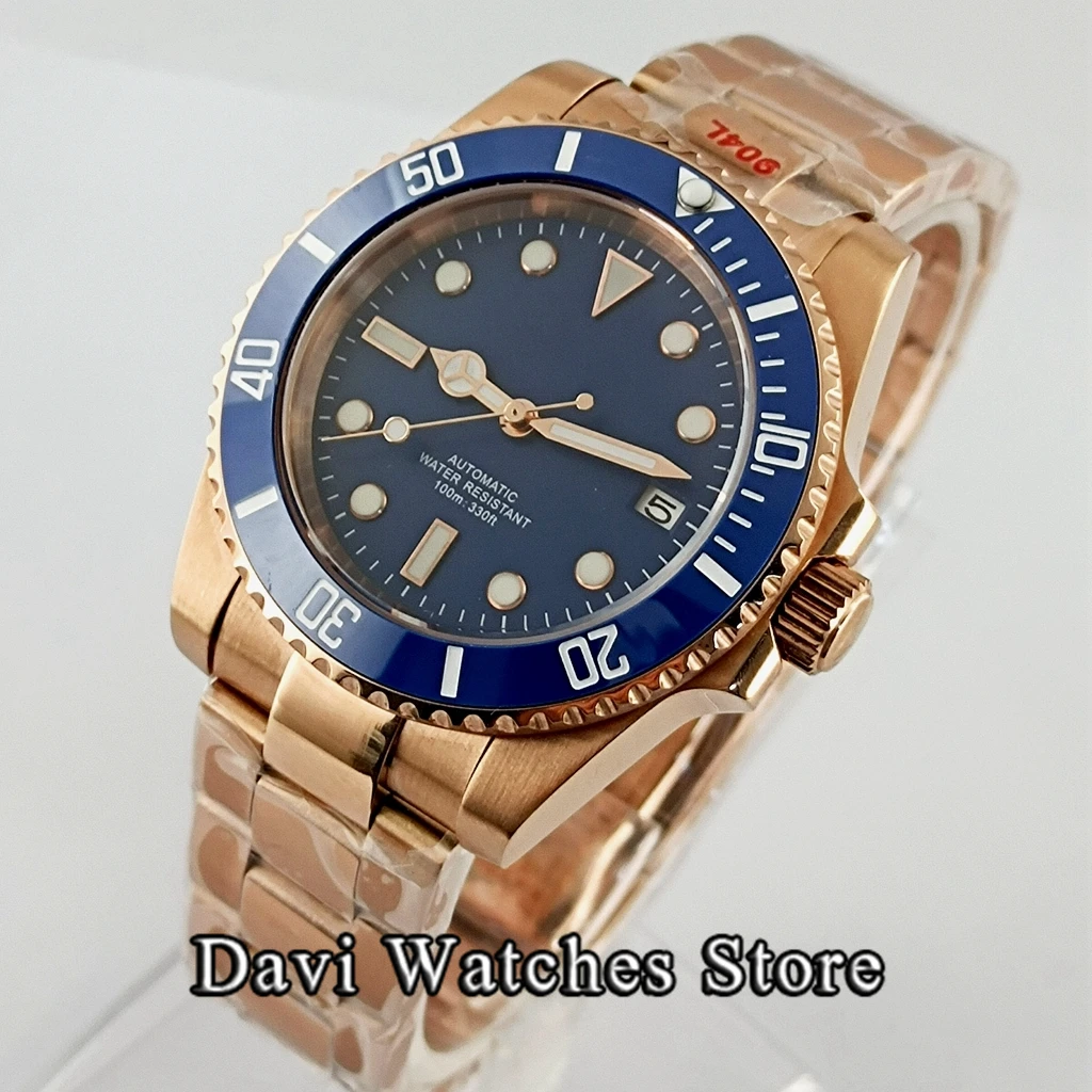 

40mm New Sterile Blue Dial Mens Watches Sapphire NH35 Watch Rose Gold Automatic Movement Waterproof Male Watch