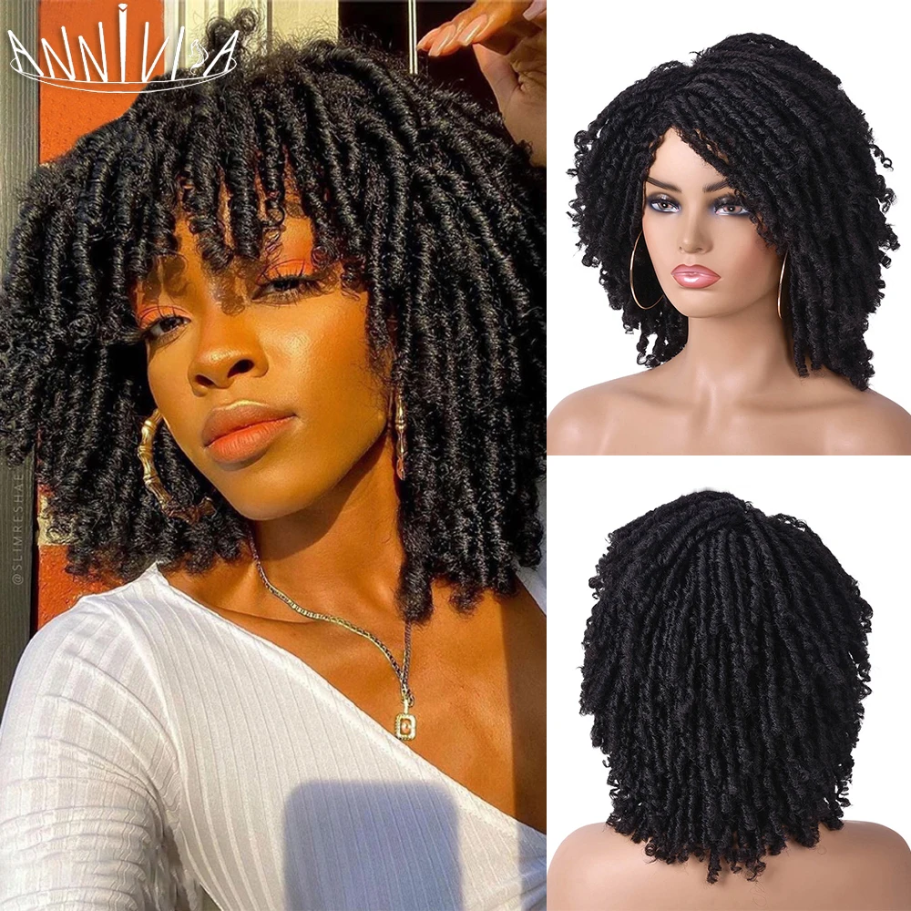 Pendek Gimbal Rambut Wig Keriting Sintetis Lembut Imitasi Locs Wig dengan Poni untuk WANITA HITAM Ombre Crochet Twist Rambut Wig annivia