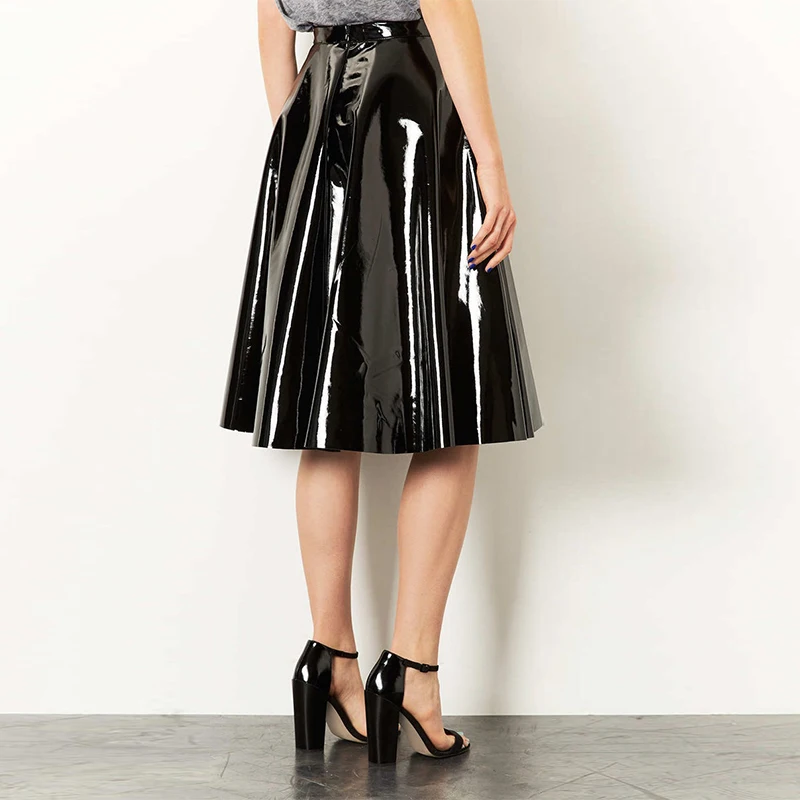 Women Sexy Latex Pleated Midi Skirt 3XL 4xl Gothic High Waist Knee Length PU Leather Ball Gown Skirts Elegant PVC A-Line Skirt