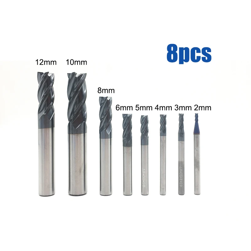 8pcs 4 Flutes Carbide End Mill Set Tungsten Steel Cutter Tool CNC 2 - 12mm Machine Bit