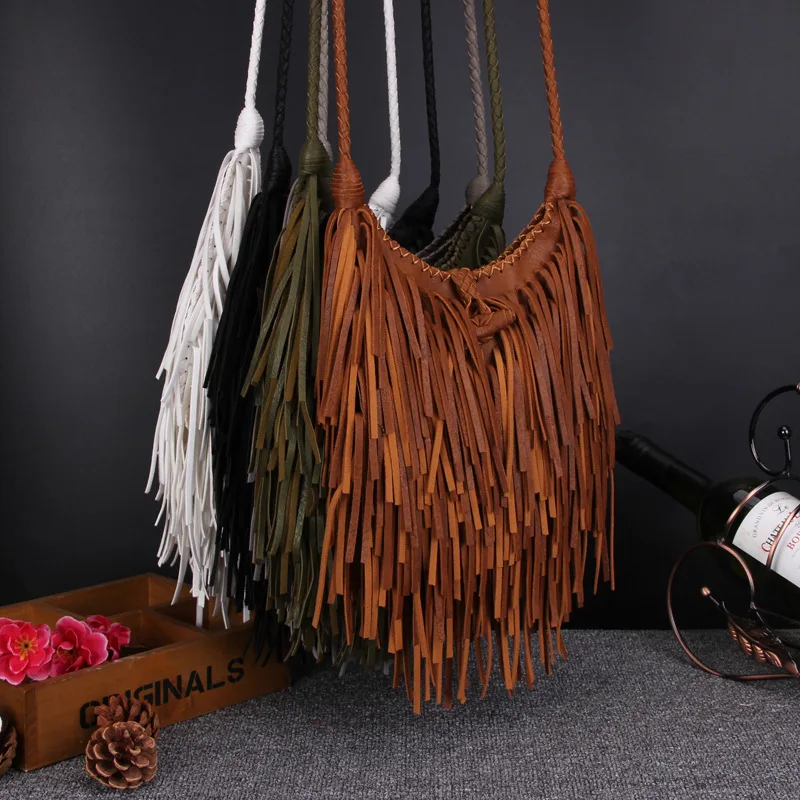 NIGEDU Beach Bohemian Tassel Women\'s Crossbody Bags Vintage manual Weave handbag bolsa franja Quality PU leather messenger bags