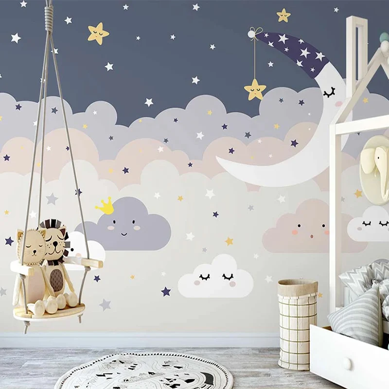 

Custom Self-Adhesive Wallpaper 3D Nordic Starry Sky Cloud Moon Children's Room Background Wall Mural Waterproof Sticker Art