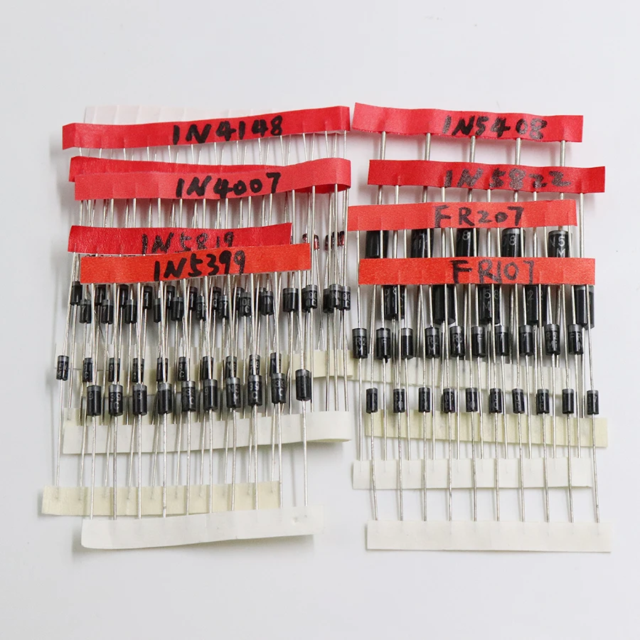 Kit de composants électroniques GT, diode assortie, 8 valeurs = 100 pièces, 1N4148 1N4007 1N5819 1N5399 1N5408 1N5822 FRknit FR207