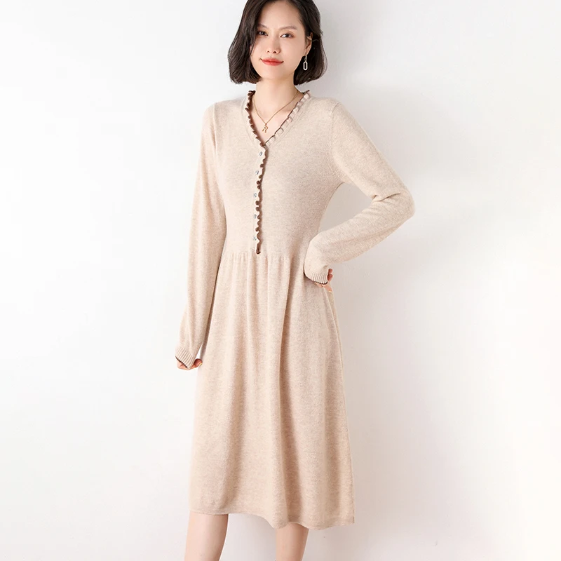 Autumn And Winter New Women\'s Wooden Ears 100% Pure Wool Dress V-Neck Fashion Lazy Self-Cultivation Knit Bottoming Long Sweater