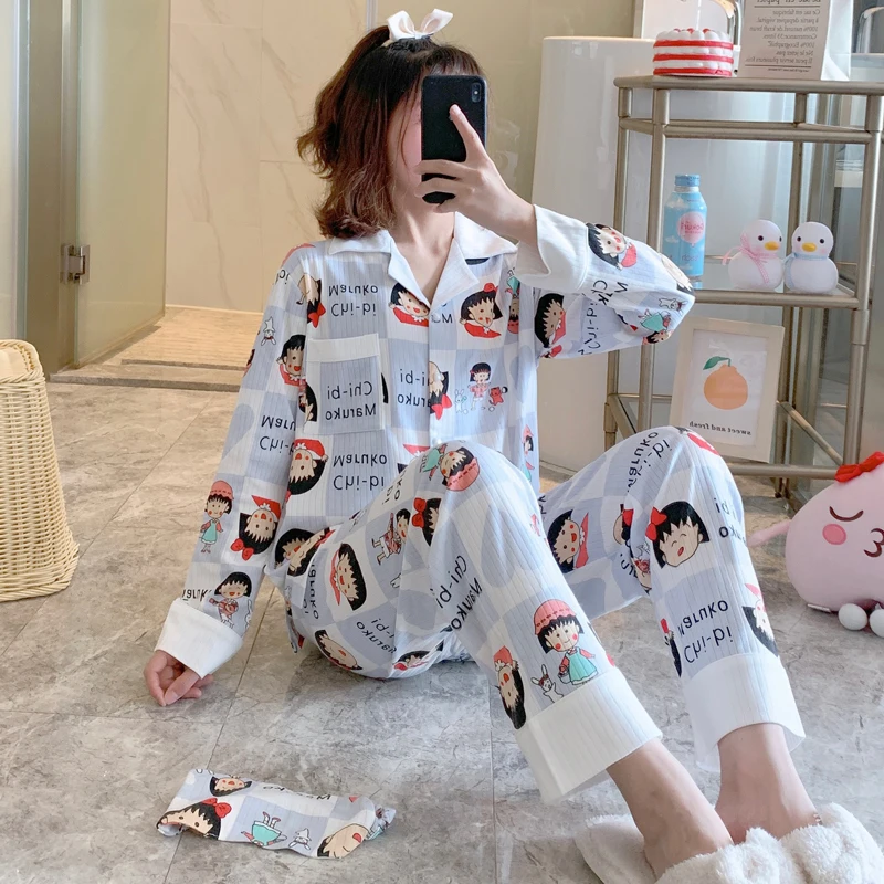 2024 New Winter Pijama Women Home Clothing Cartoon Chibi Maruko Anime Nightwear Pink Pants Cotton Cozy Party Cardigan Pajama Ins