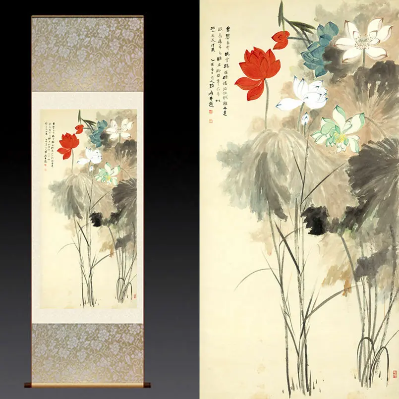 

Chinese Silk Scroll Painting by Zhang Da Qian lotus Home Decoration