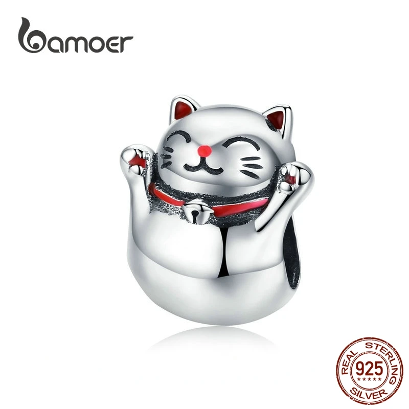 BAMOER 925 Silver Cat Metal Charm Lucky Guardian Maneki Neko Metal Beads for Women Charm Bracelets Bangles DIY Jewelry SCC1178